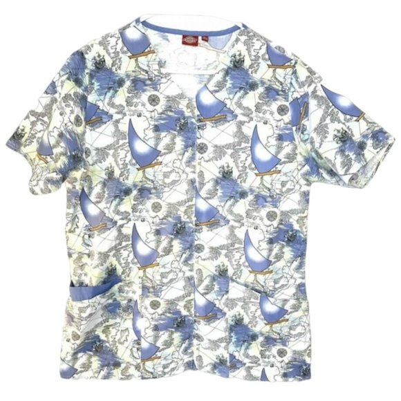 Dickies Scrub Top Sailboat Sailing Ocean Navigation Map Print XL. - Picture 1 of 4